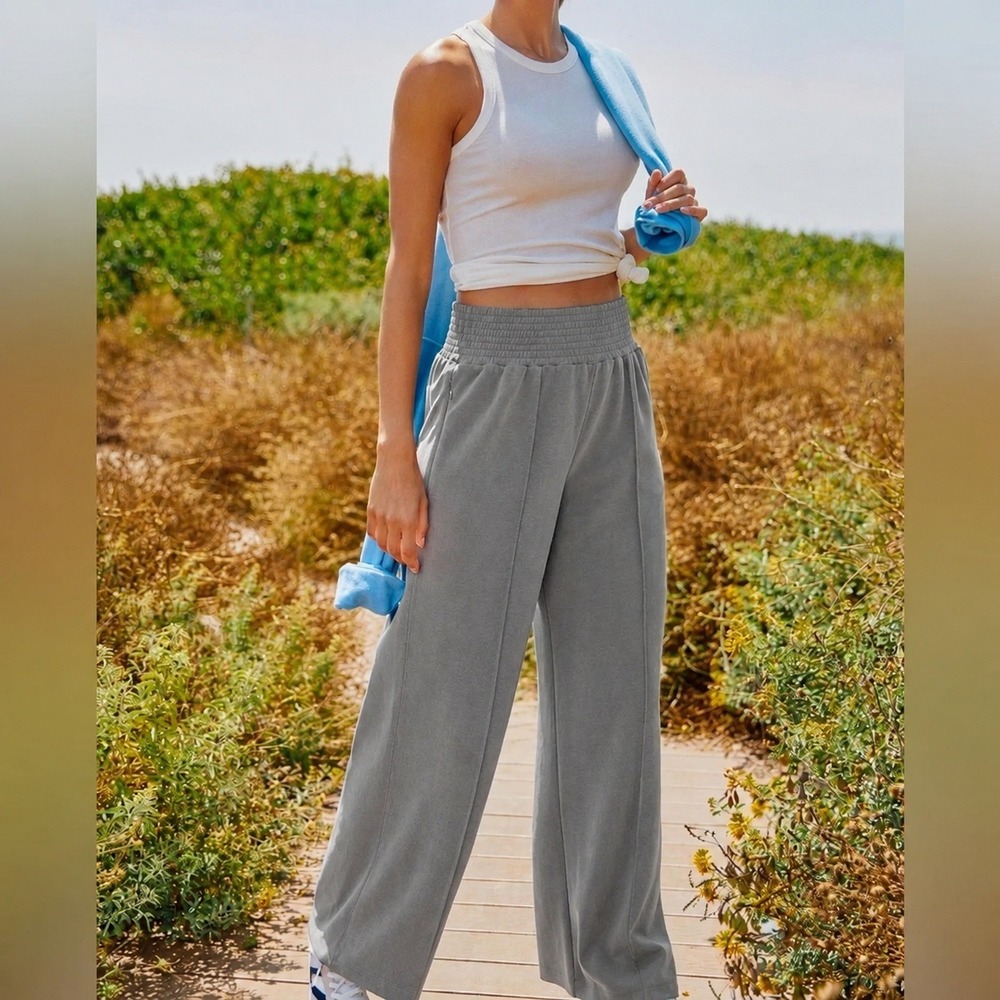 Sweaty‎ Betty Pants Size S Grey Wide Leg Smocked Waist Baggy Pintuck Athleisure